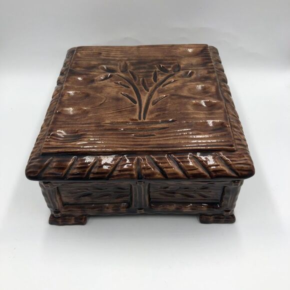 Vintage Mid Century 1970s Pottery Ceramic Brown Square Box With Lid Wood Look - Picture 4 of 13